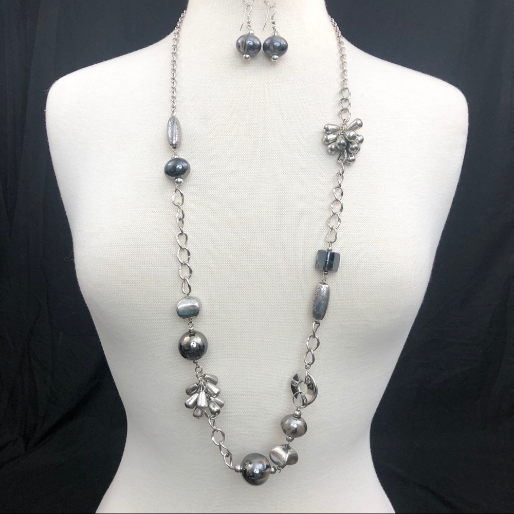 Long Silver Gun Metal Mixed Necklace Earrings Set